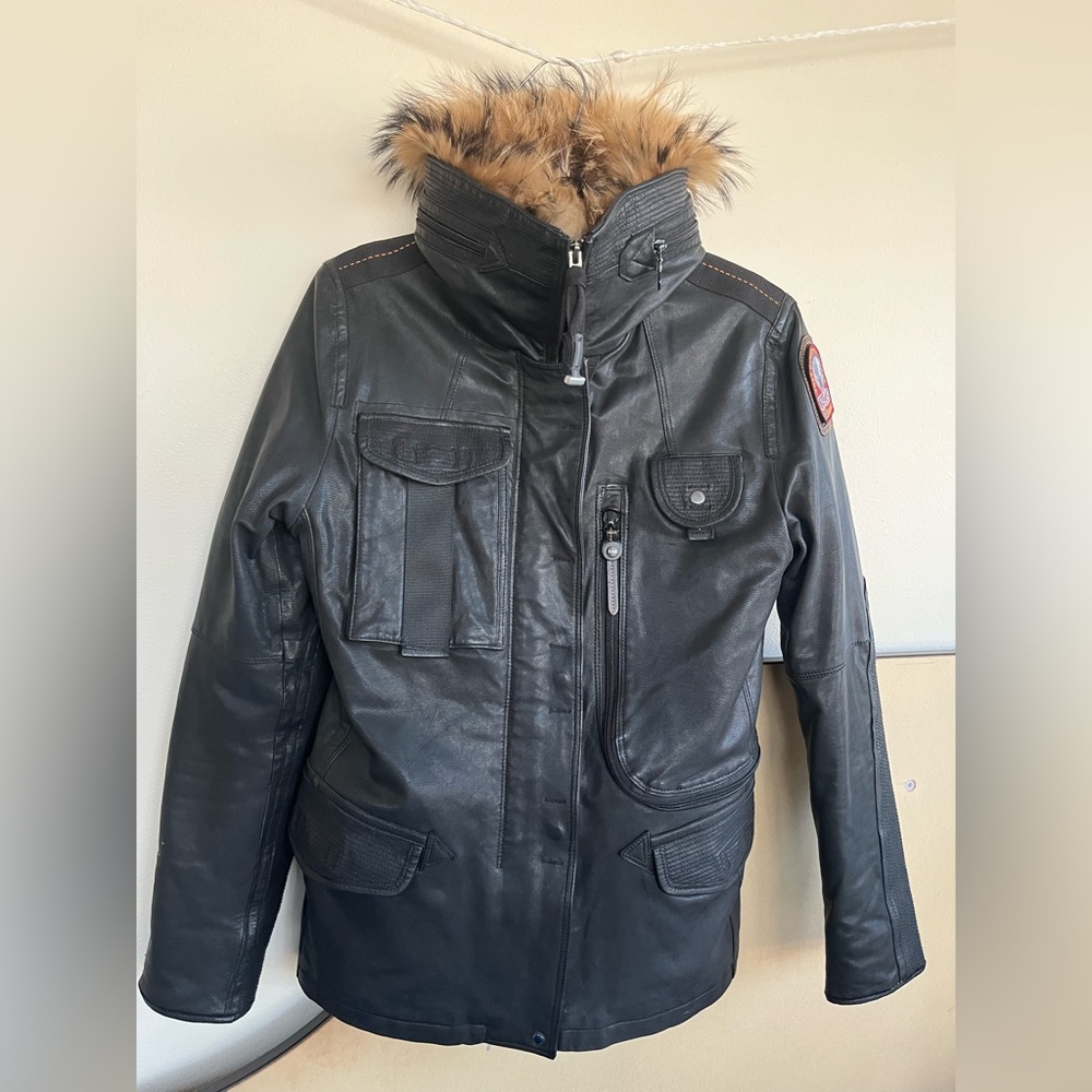 Parajumpers Black Bomber Leather Jacket with Fur Trim military aviator
